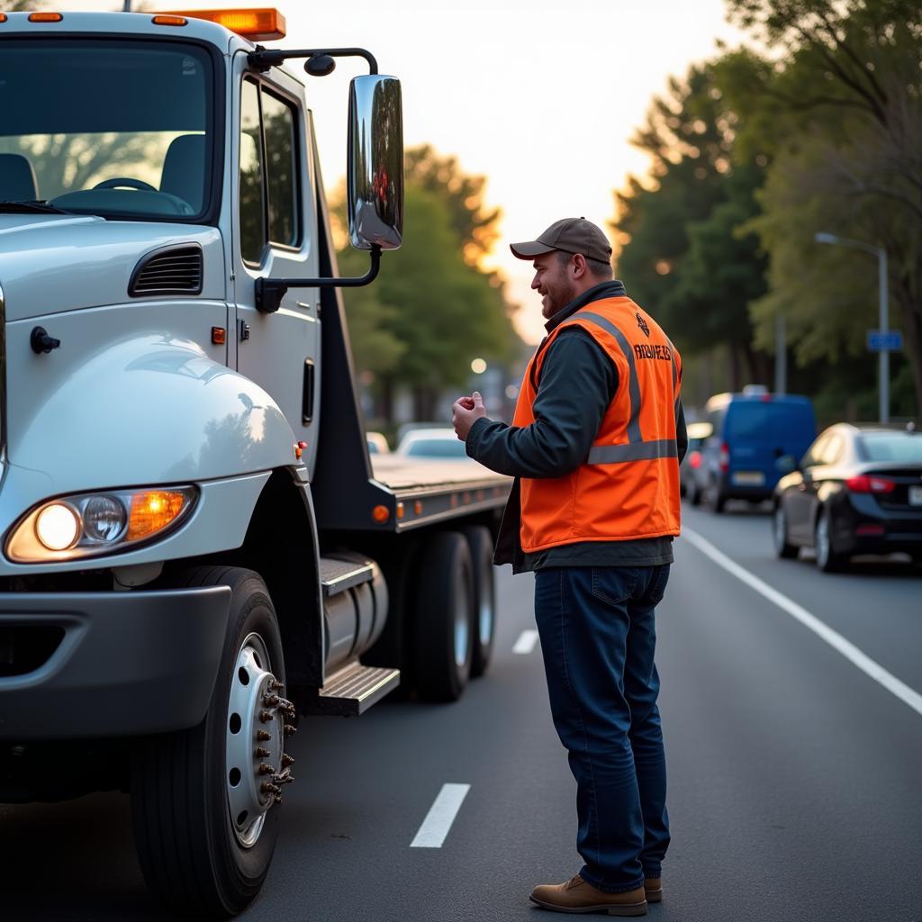 Roadside service tow truck driver discussing options with stranded driver