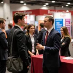 Students dressed in business attire attending a career fair.