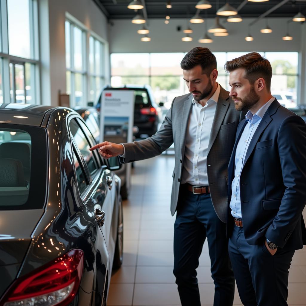 Salesperson showcasing a new car model to a customer