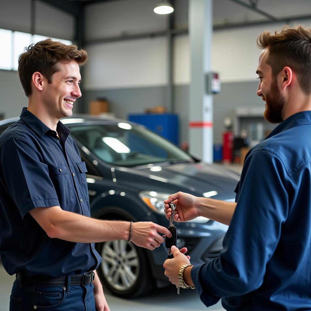 A happy car owner receiving their vehicle keys from a mechanic