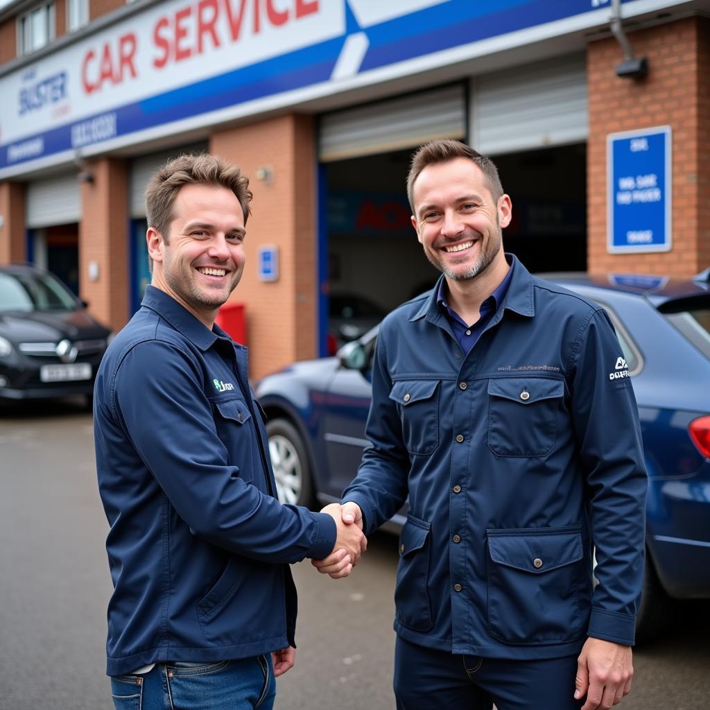 A smiling customer shaking hands with a mechanic while receiving their car keys outside a car service center in Huyton