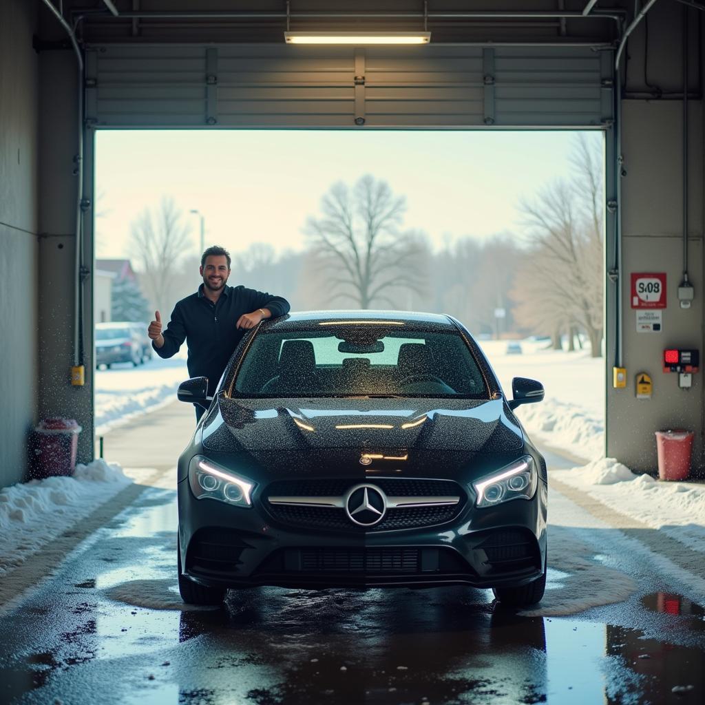 A satisfied customer driving away from a car wash with their sparkling clean car.