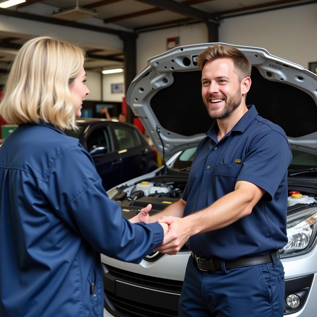 Happy customer shaking hands with a mechanic