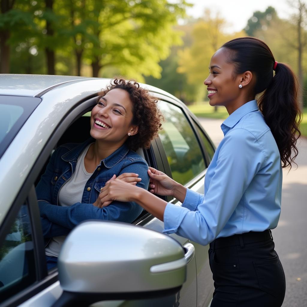 A smiling individual receiving their car from an assist car pickup service driver