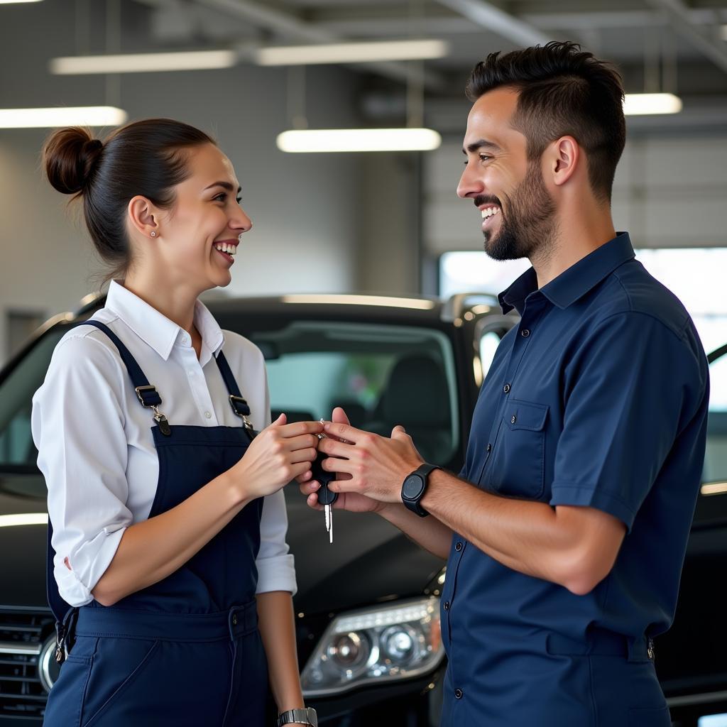 A happy customer receiving their car keys at a 510 car service