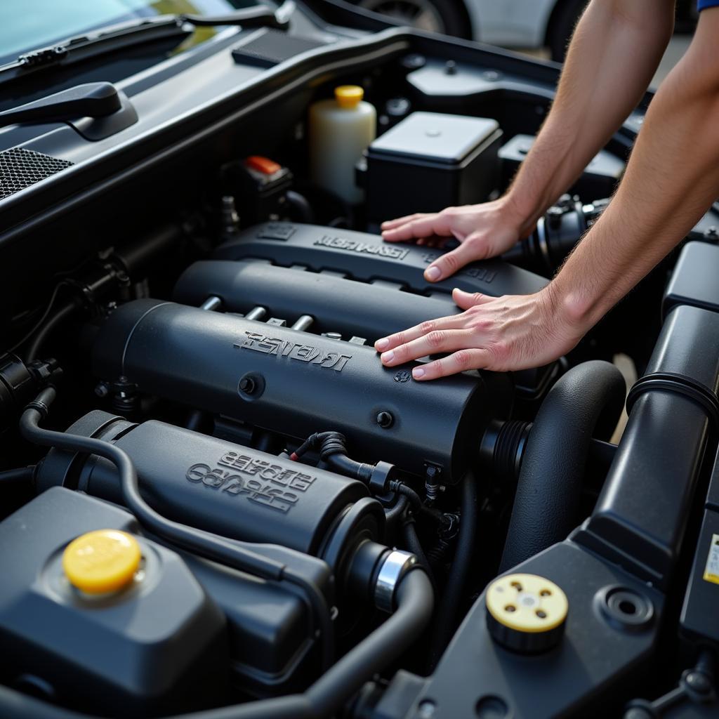 Close-up of a Saturn car engine during maintenance