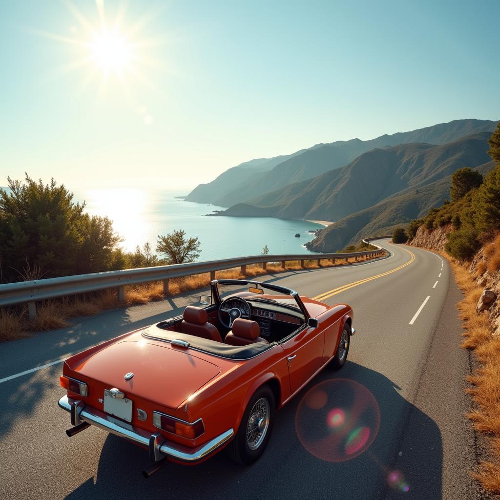 A convertible driving along a scenic coastal road