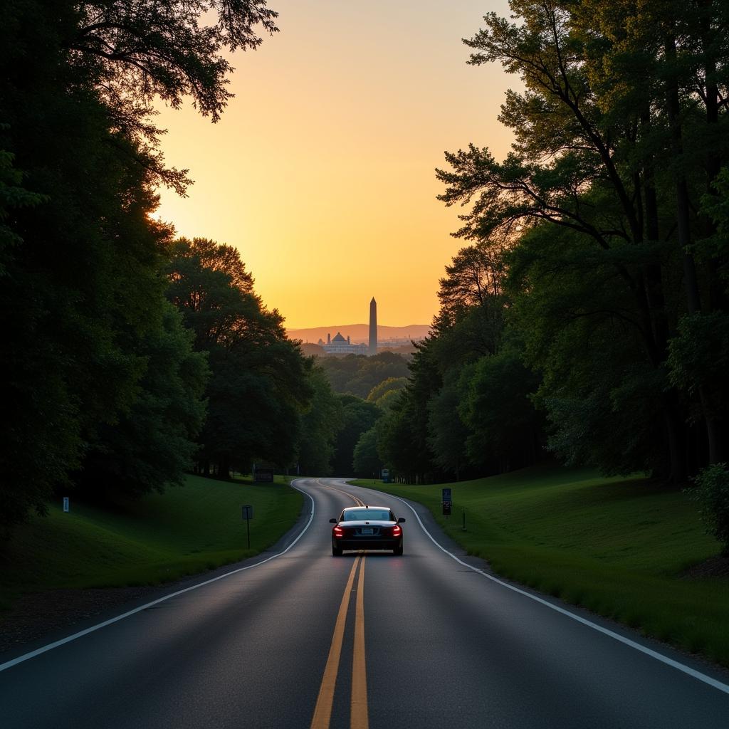 Scenic drive with Washington DC skyline in the background