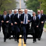 Secret Service agents forming a protective barrier around the presidential car