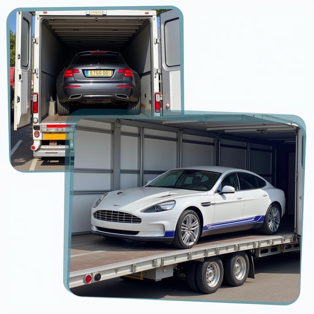 Image of a car being safely loaded onto a covered transport truck