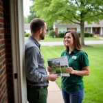 Salesperson engaging with a potential customer about lawn care services at their doorstep