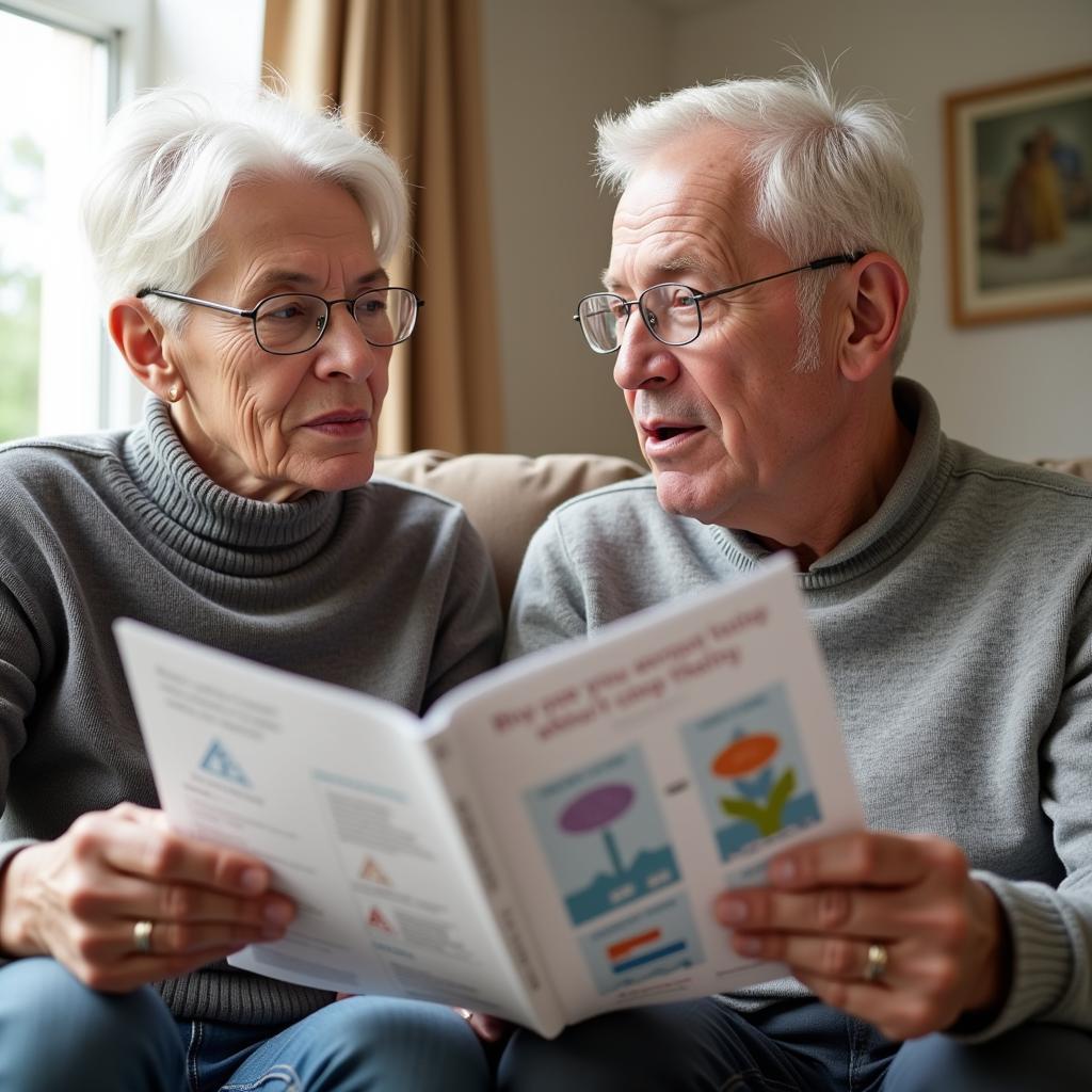 An older couple sits at their kitchen table, discussing care options with a brochure and a concerned expression. 