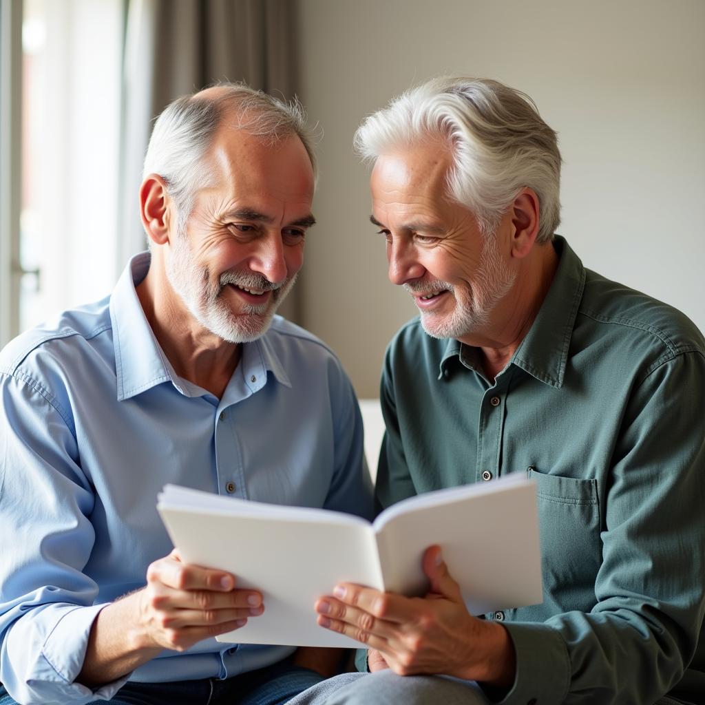 Senior couple discussing home care options with a brochure