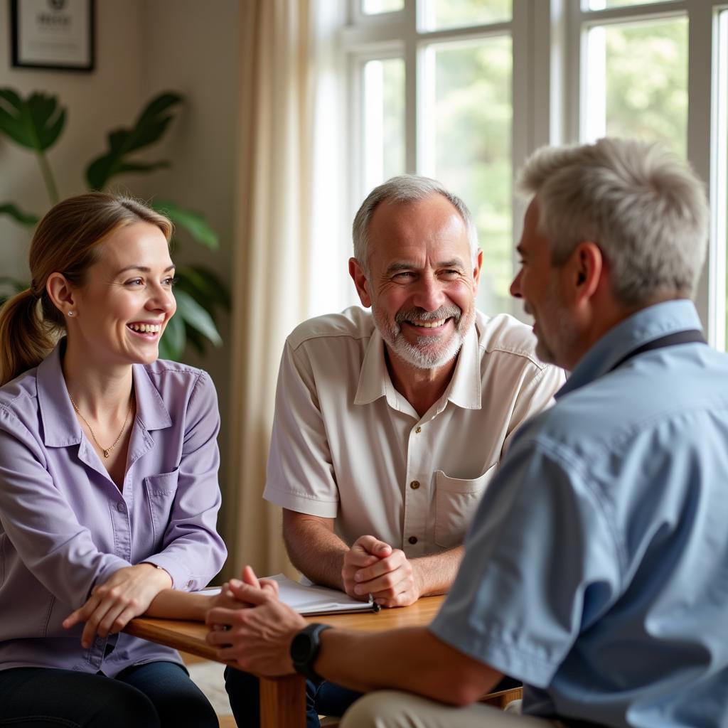 Senior Couple Enjoying Conversation with Home Care Provider