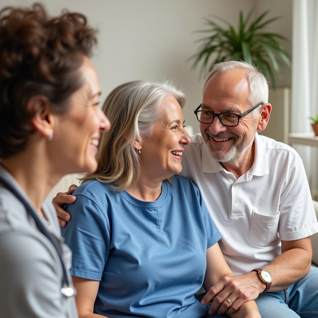 Senior couple happy at home with caregiver