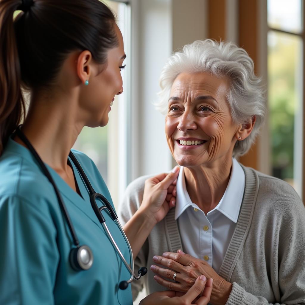 Senior woman smiling while receiving home health care