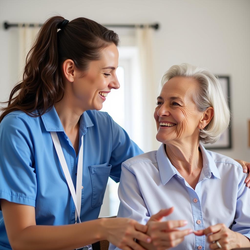 A senior woman smiling while a caregiver assists her.