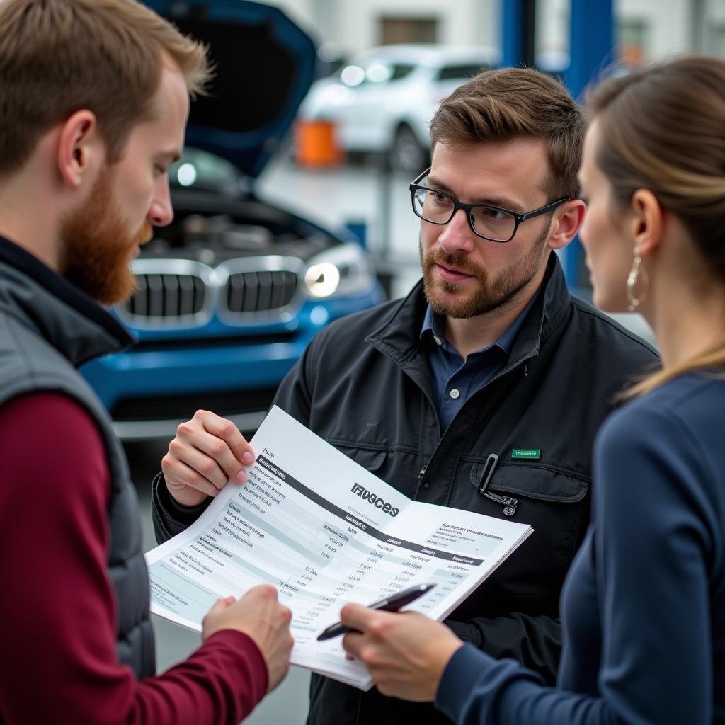 Service advisor explaining invoice to customer