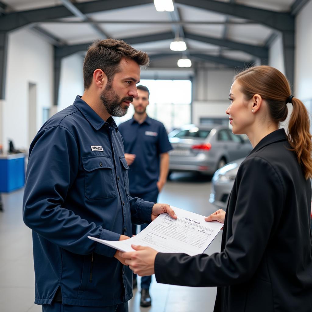 Service advisor explaining repair estimate as service runner moves a vehicle in the background