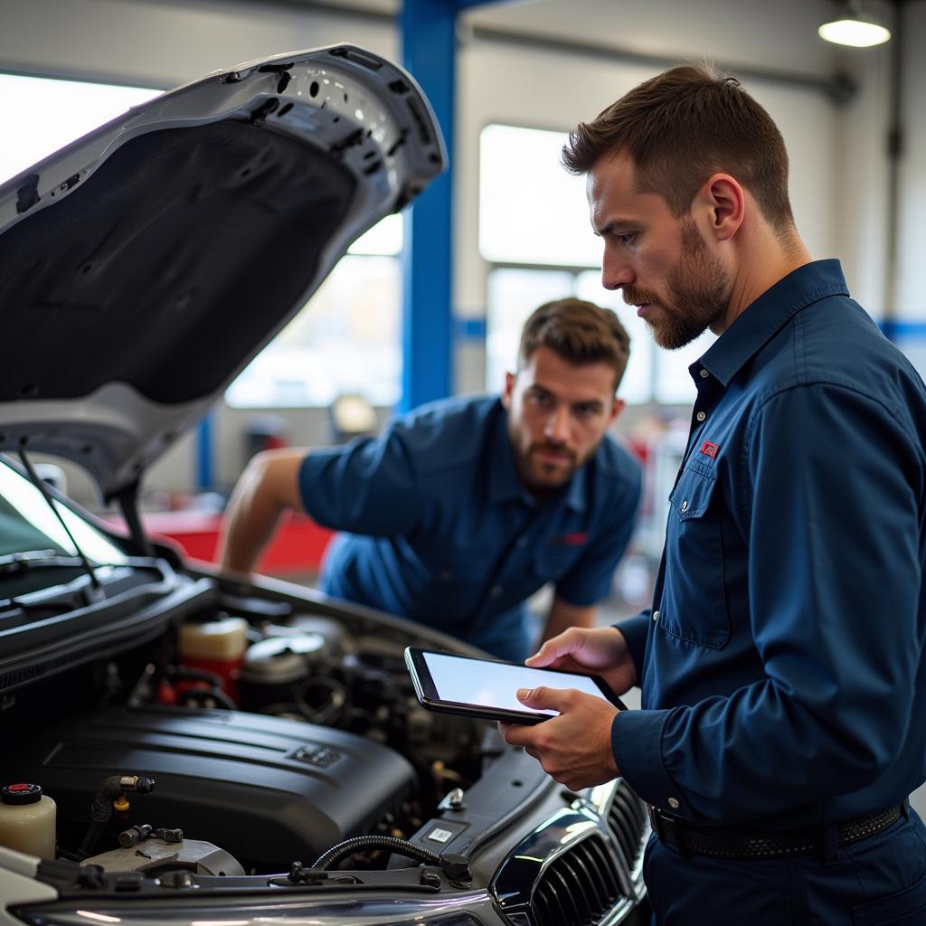 Service advisor talking to mechanic