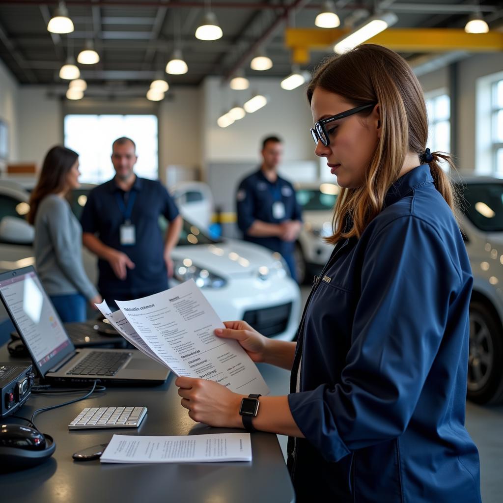 Service coordinator working on a computer in a busy automotive service center