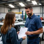 Mechanic handing a service receipt to a car owner