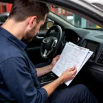 Mechanic showing service records to car owner