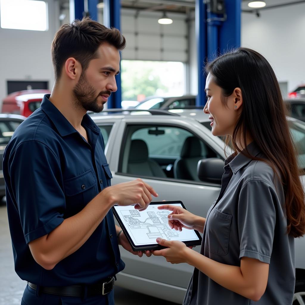 Customer discussing car repair options with mechanic in Singapore