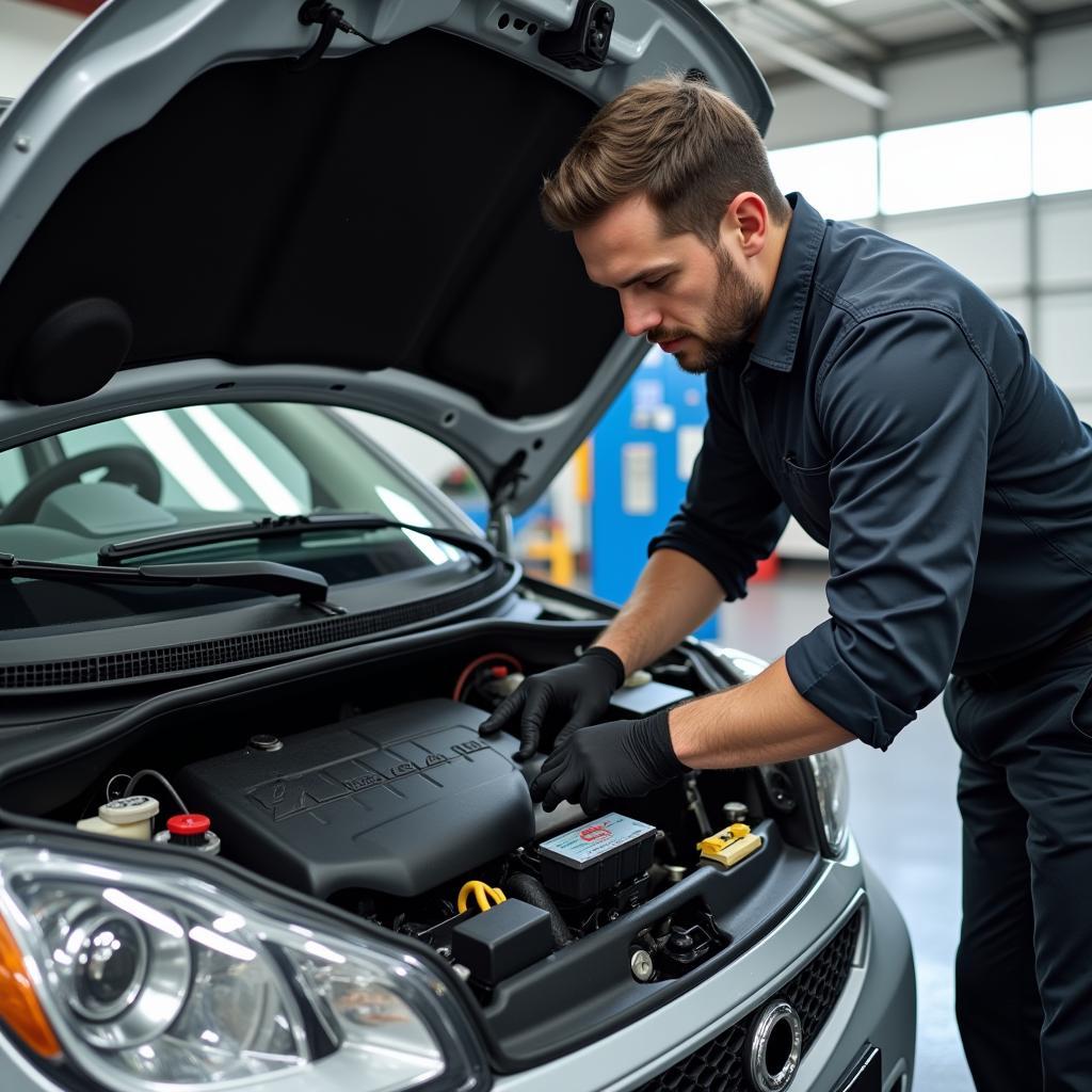 Smart Car Mechanic Working on Engine