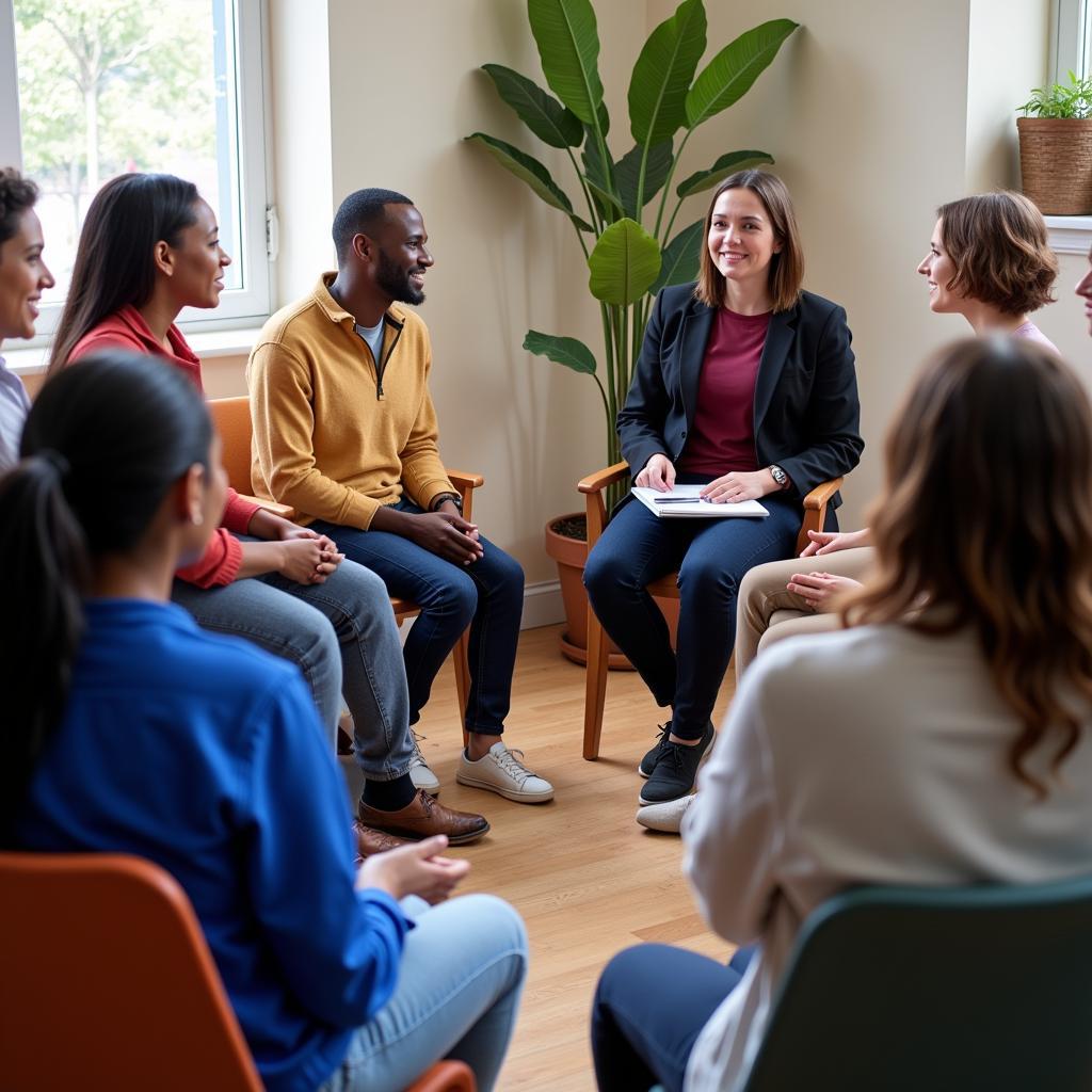 Social worker conducting a group therapy session in Canada