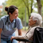 Social worker assisting an elderly person in Canada