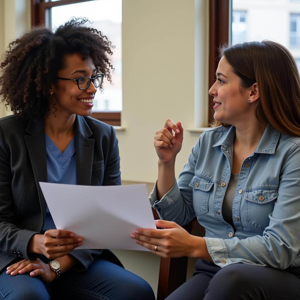 Social worker meeting with client in office to discuss transportation needs