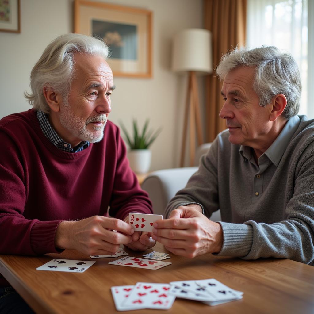 A caregiver interacting with an elderly man with Alzheimer's