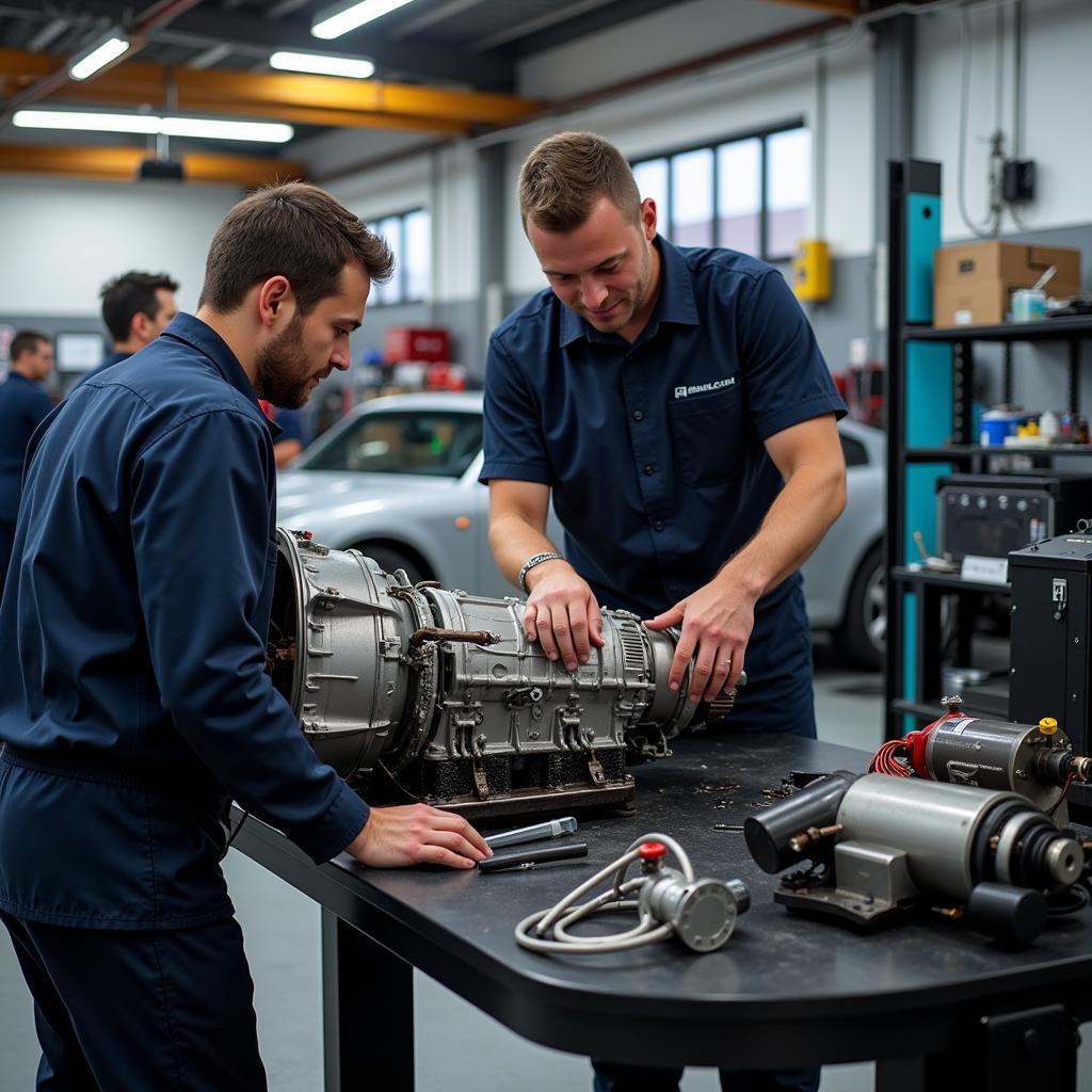 Specialized technicians working on a car's transmission