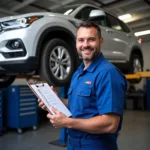 Mechanic with a checklist performing a standard car service