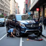 Car detailing service on a busy street