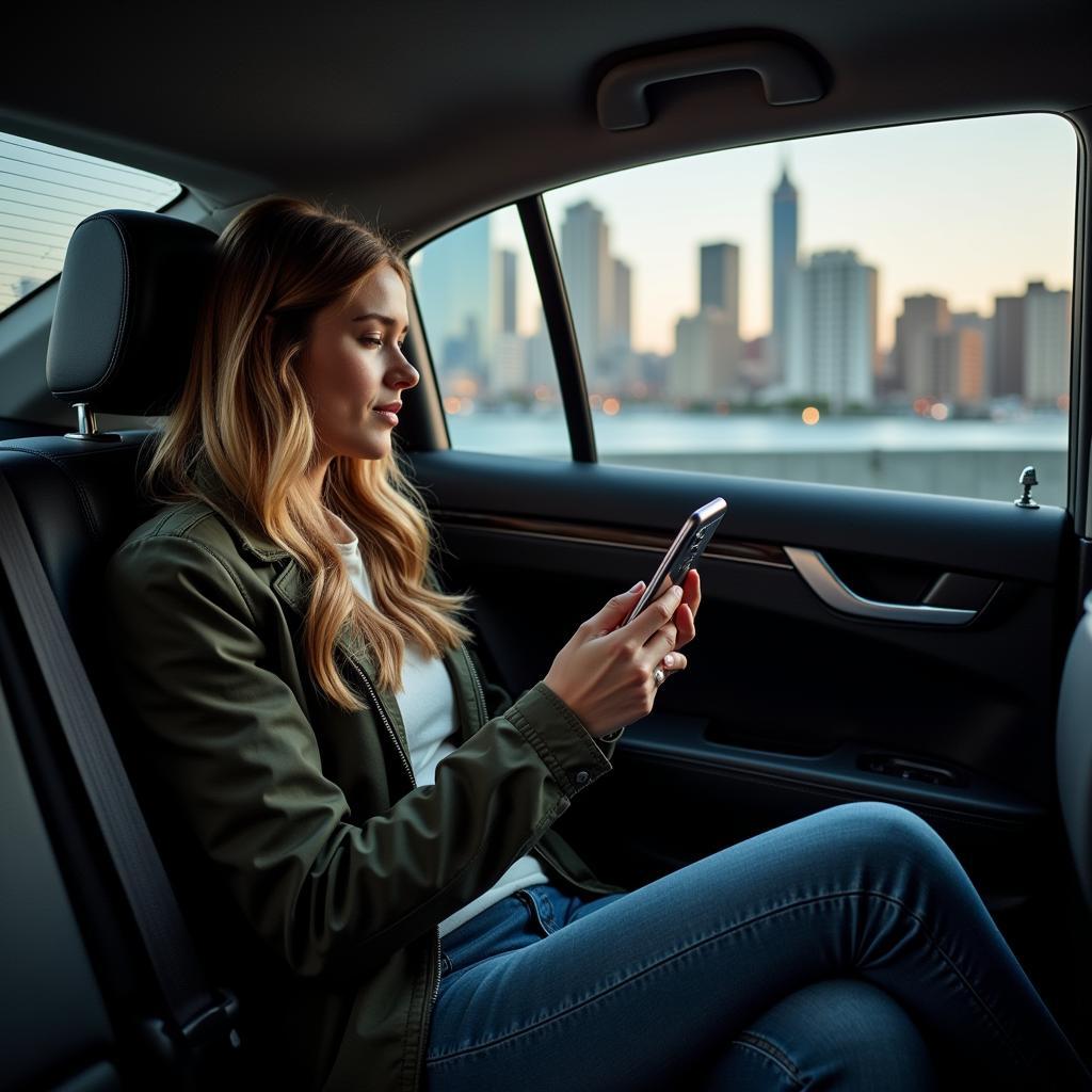  Passenger relaxing in the backseat of a car service during an airport transfer.