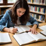 A student diligently studying psychology textbooks in preparation for a career in mental health services.