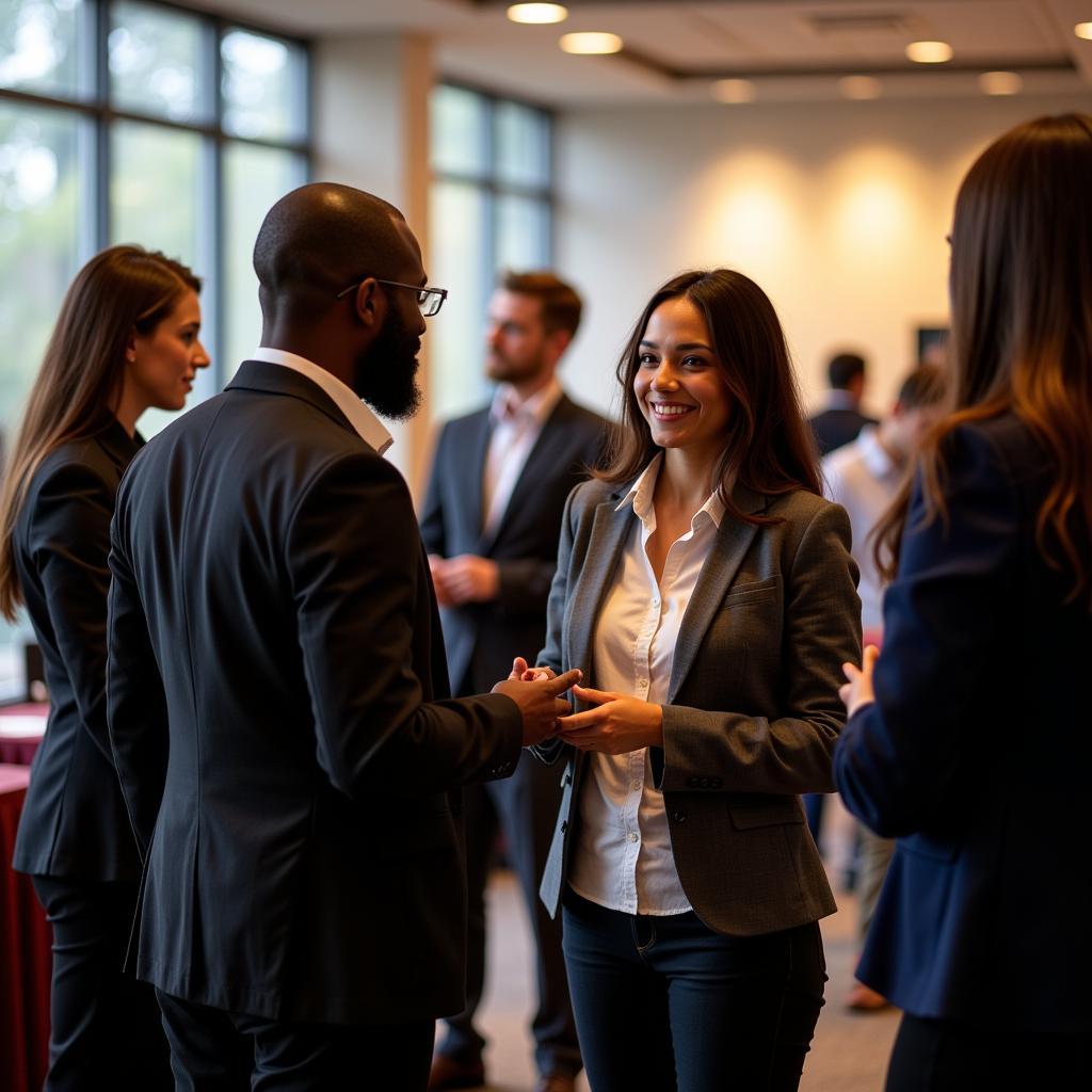 students engaging in conversations at a professional networking event