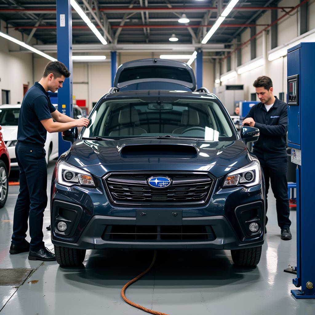 Subaru Car Getting Serviced at an Independent Shop