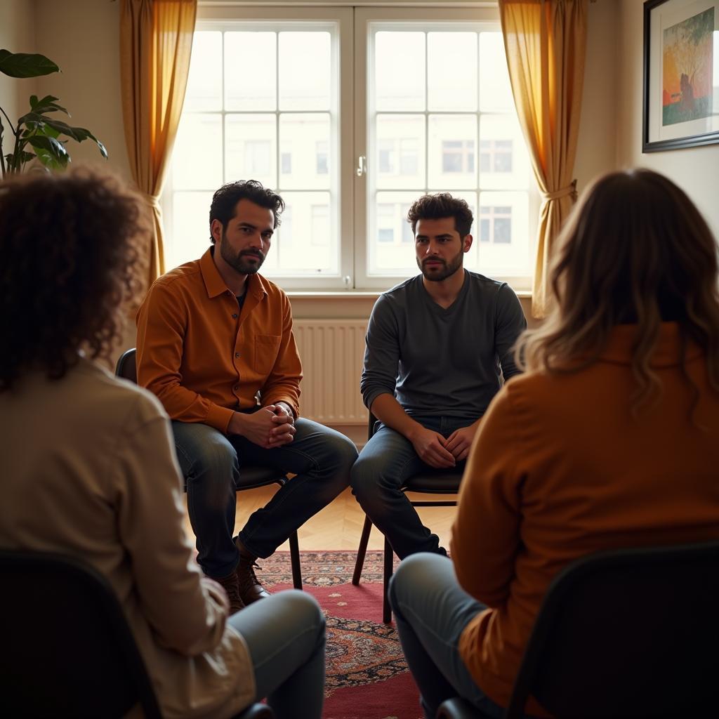 A diverse group of individuals seated in a circle, engaging in conversation and offering each other support, representing a therapeutic support group meeting.