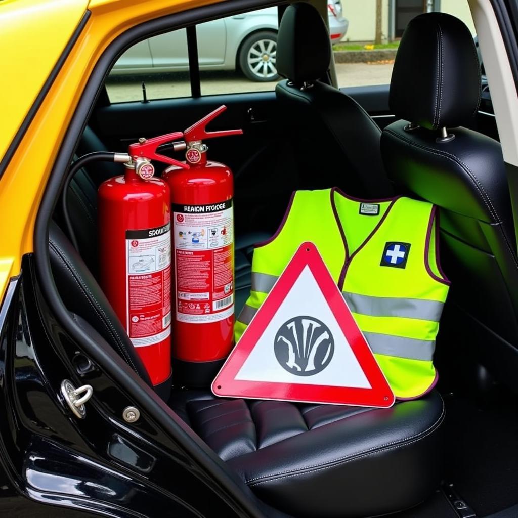 Essential Safety Equipment Displayed in a Taxi Car