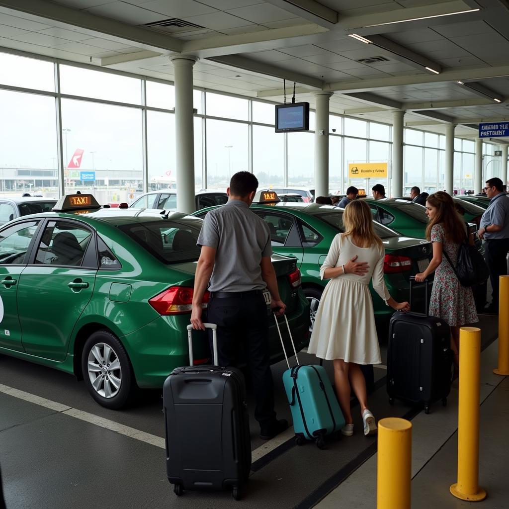  A line of taxis waiting at an airport taxi stand.