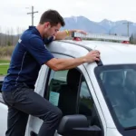 Technician installing an LED light bar on a truck