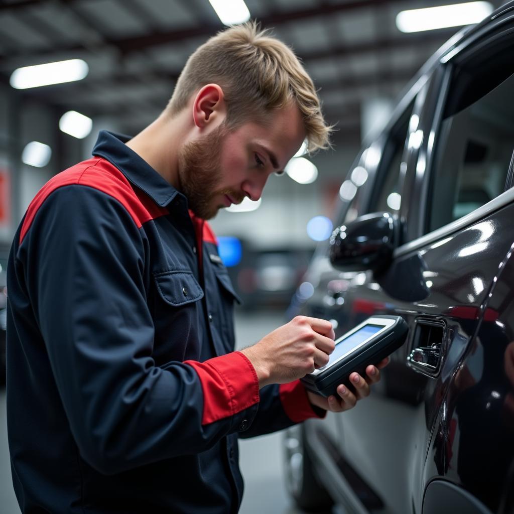 Technician Using Diagnostic Scanner on a Vehicle