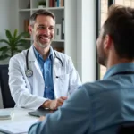 A doctor and patient interacting via a video call on a laptop.