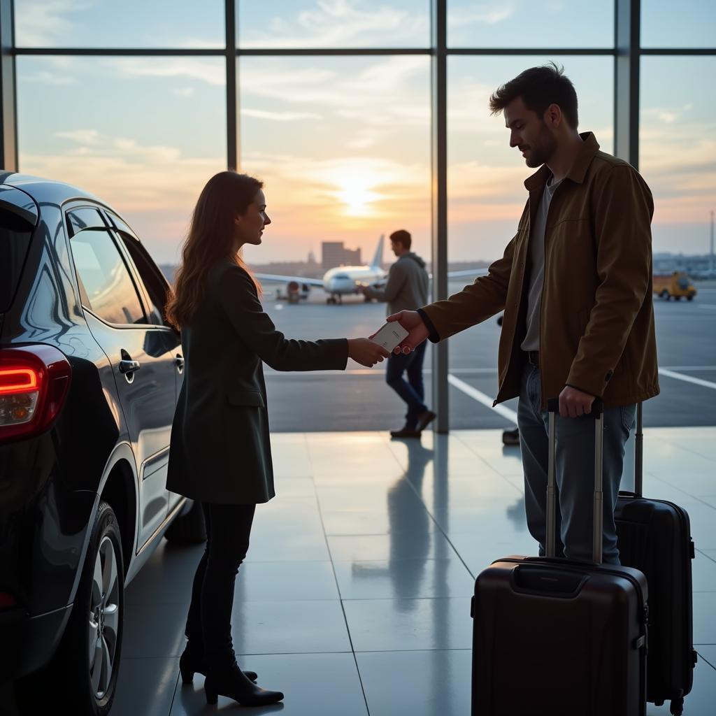 Tipping a driver at the airport after a prepaid car service.