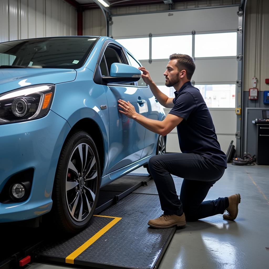 Electric Car Undergoing Tire Alignment