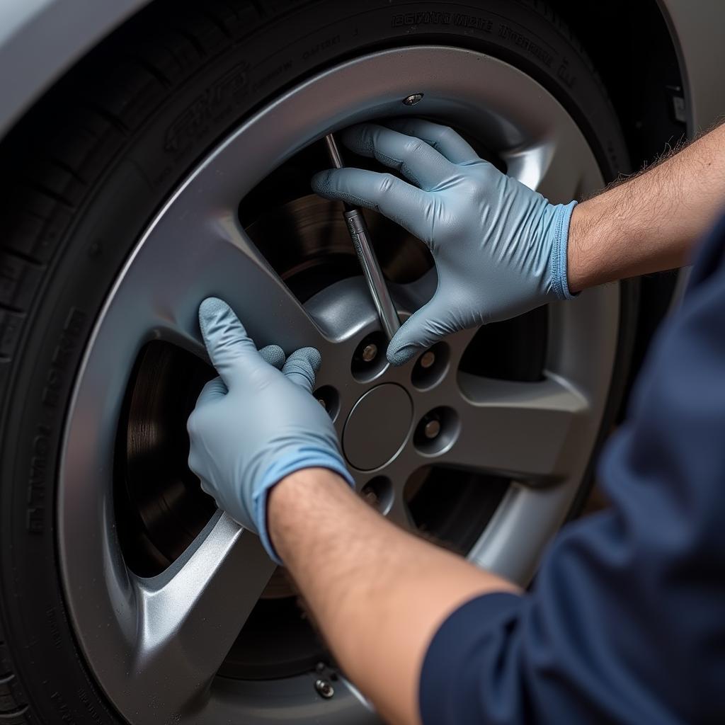 Mechanic applying tire blowout balm inside a tire during car maintenance.