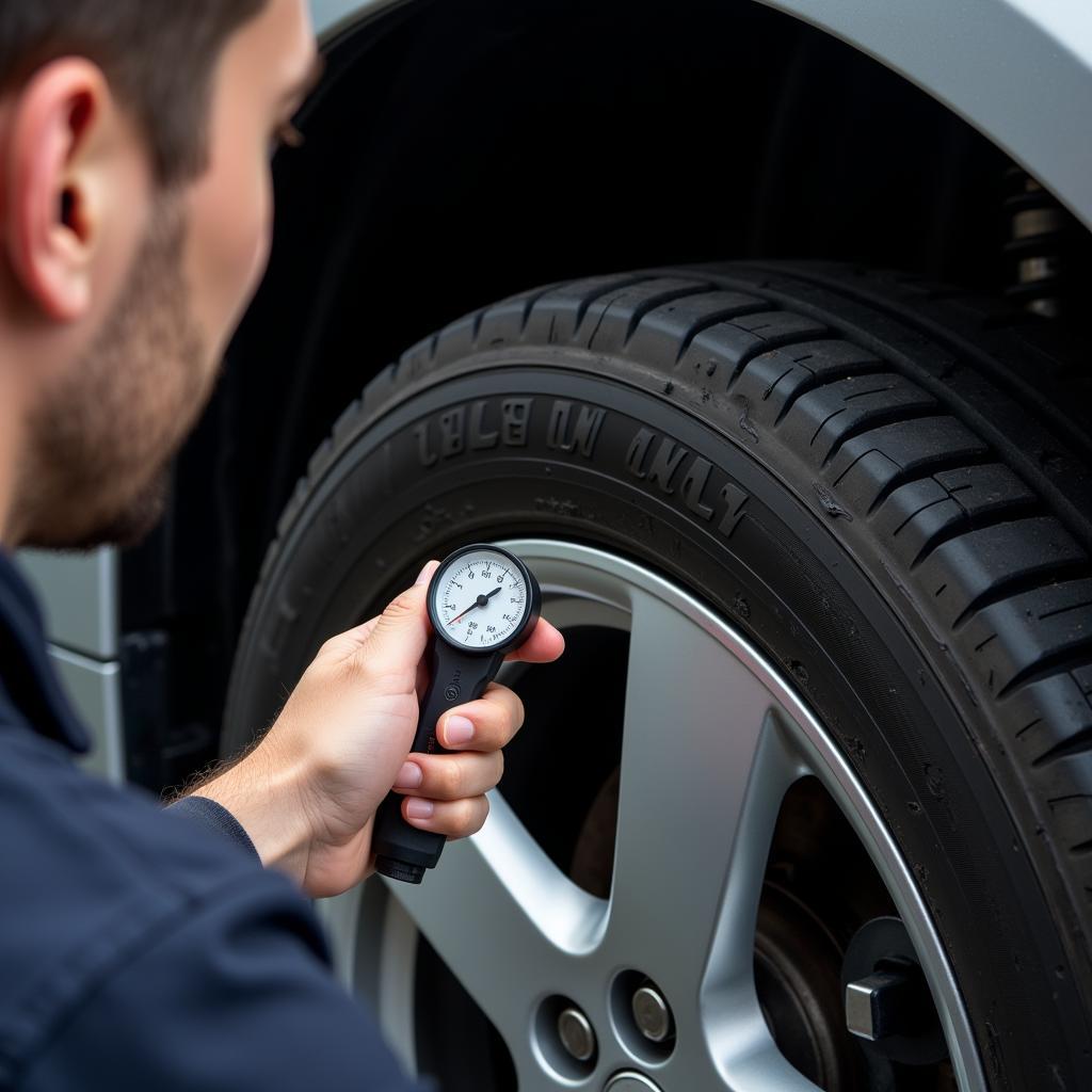 Mechanic inspecting car tire tread depth during service